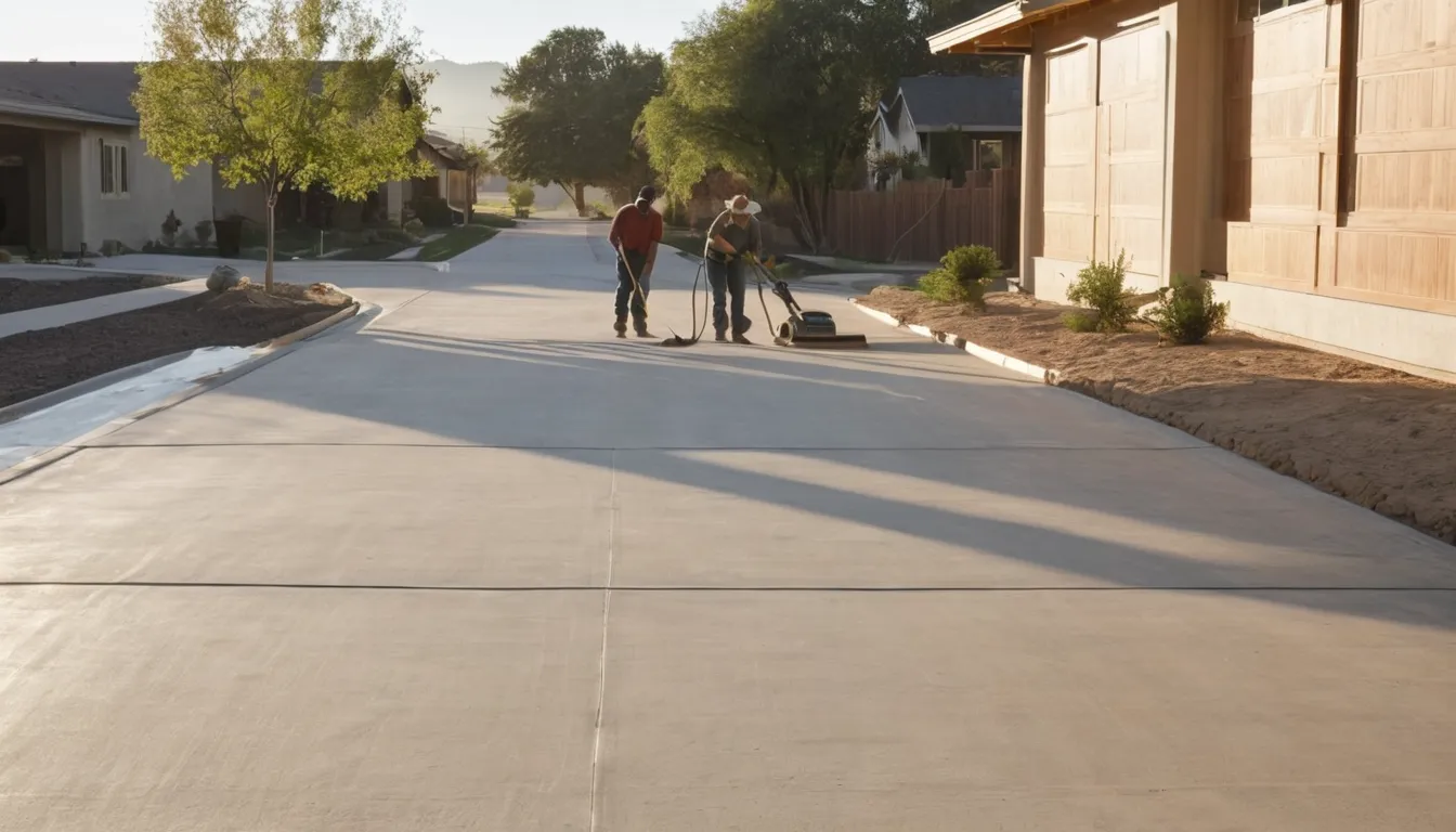 Fresh broom-finished concrete driveway being poured at a stucco ranch home in San Bernardino