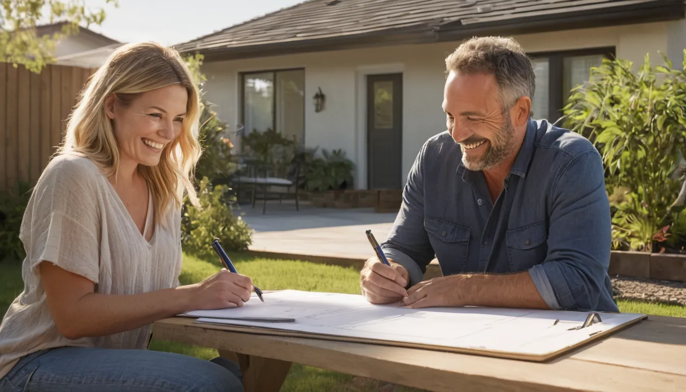 A homeowner reviewing a concrete patio plan with a local provider in the San Bernardino area