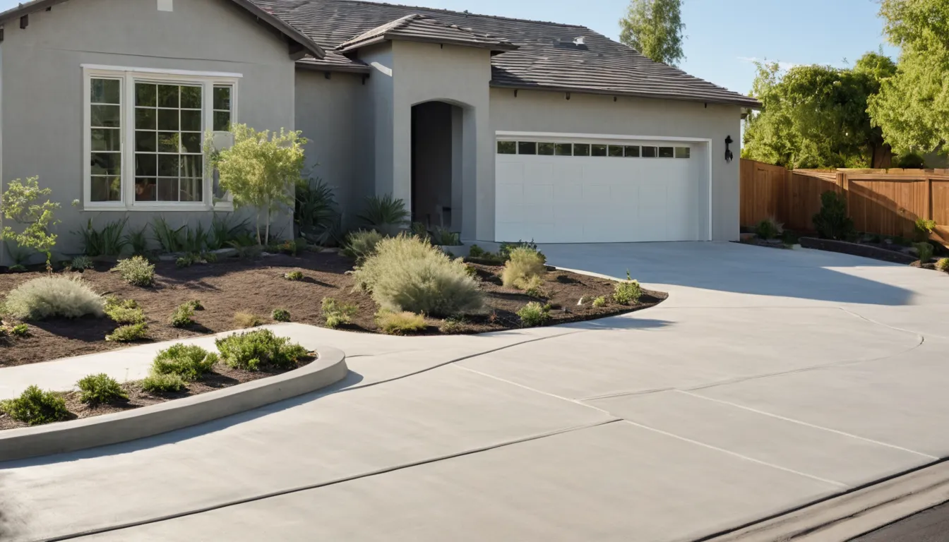 A freshly poured concrete driveway in front of a stucco ranch home in San Bernardino