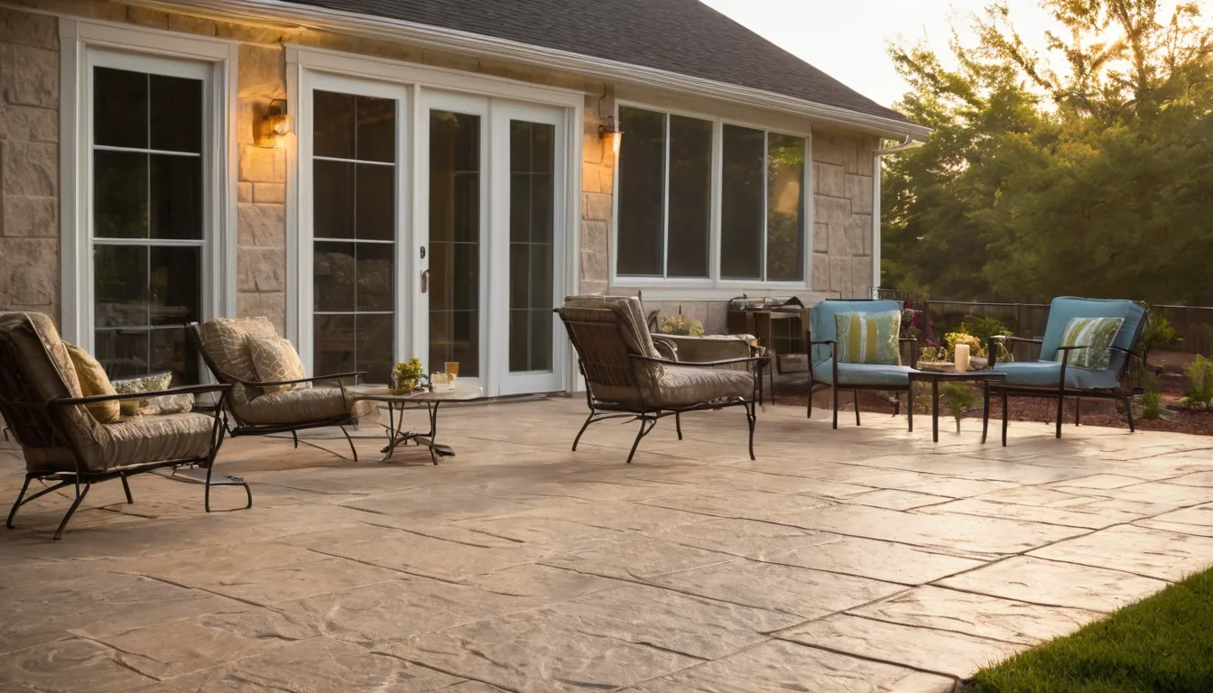 A stamped concrete patio behind a home in San Bernardino