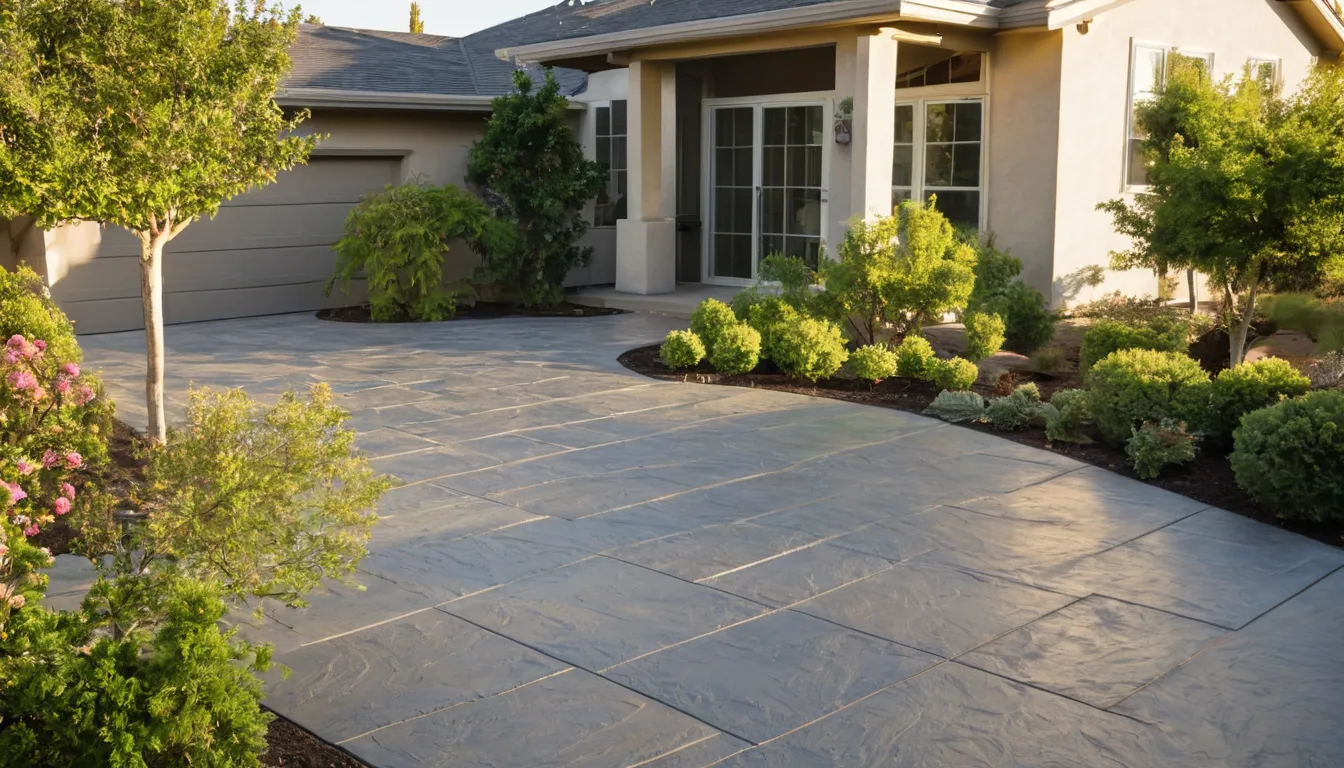 Homeowner and a local provider reviewing a newly stamped slate-pattern patio behind a stucco home in San Bernardino
